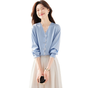 Lace Trimmed Women's Shirt Long Sleeve <b>Satin</b> <b>Blouse</b> Solid Color Everyday Wear - Product Image 5