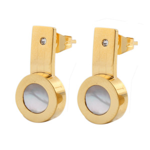 ต่างหูทรงกลมสีทองประดับมุกแบบฝังขอบสำหรับผู้หญิง - Product Image 1