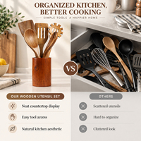 Ensemble d'ustensiles de cuisine en bois de teck - 6 pièces d'outils de cuisson en bois avec support - Spatule, Spatule ajourée, Cuillère, Fourchette, Cuillère à pâtes