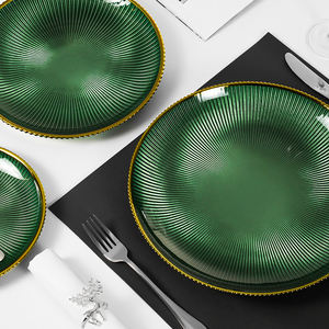 Ensemble de vaisselle en verre rond vert gris blanc <span class=keywords><strong>or</strong></span>, bol en verre de 13 pouces, assiettes à salade, assiettes à <span class=keywords><strong>dessert</strong></span>, assiettes de présentation - Product Image 2