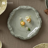 Service de vaisselle en céramique de qualité supérieure, moderne, beige et vert texturé, résistant aux aliments et au lave-vaisselle, pour la maison, le restaurant et la table.