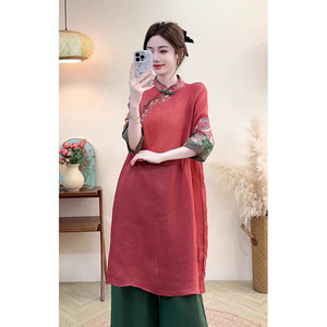 Traditional Chinese Style Embroidered Linen Dress Women Mid Length Light Pink With Floral Pattern Summer Wear - Product Image 2