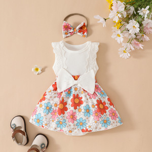 Combinaison en tricot de coton sans manches pour bébé fille, avec dentelle, motif floral et nœud, pour 0-1 an, avec bandeau assorti - Product Image 4