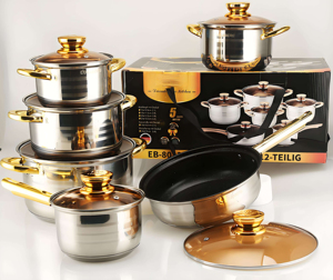 Lot de 12 ustensiles de cuisine modernes en acier inoxydable doré avec couvercles en verre, compatibles four et lave-vaisselle - Product Image 4