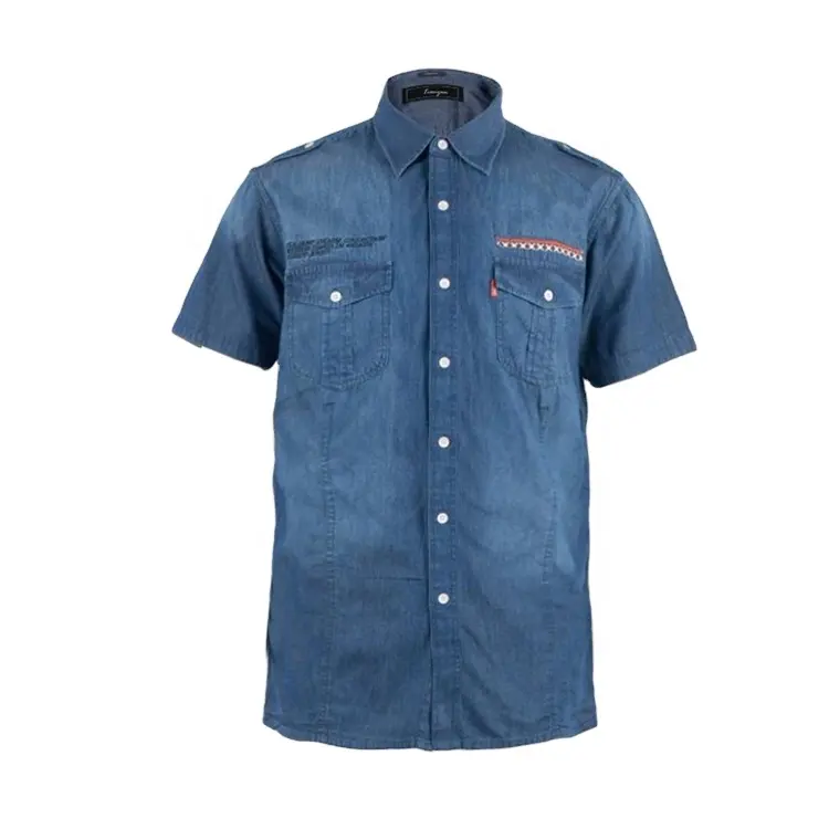 Cheap short sleeve 100% cotton latest washed denim jean casual shirt designs for men