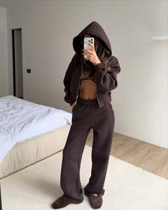 Ensemble de survêtement chic et élégant de luxe, haut de gamme, avec sweat à capuche court zippé et pantalon large, couleur marron chocolat uni, deux pièces, vêtements de détente, taille S - Product Image 5