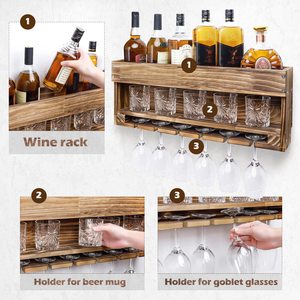 Étagère à alcool avec support pour bouteilles et verres à pied, support mural en bois pour vin et whisky, porte-bouteilles à vin pour 12 bouteilles - Product Image 4