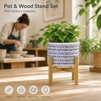 Pot de fleurs en céramique YBH Home Decor avec support en bois, motif bleu et blanc, pour intérieur et extérieur, style bohème minimaliste.