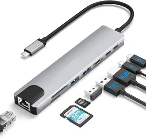 Gigabit Ethernet ve 4K HDMI,TF/USB kart okuyucu, USB-C, PD şarj, MacBook için 2 USB-A ve daha fazlası ile 8 in 1 USB C Hub