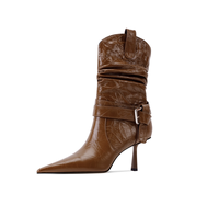 Bottes en cuir véritable pour l'automne/hiver, sexy et tendance, à bout pointu, talons hauts et fins, fermeture éclair, doublure en peau de mouton, coupe ample