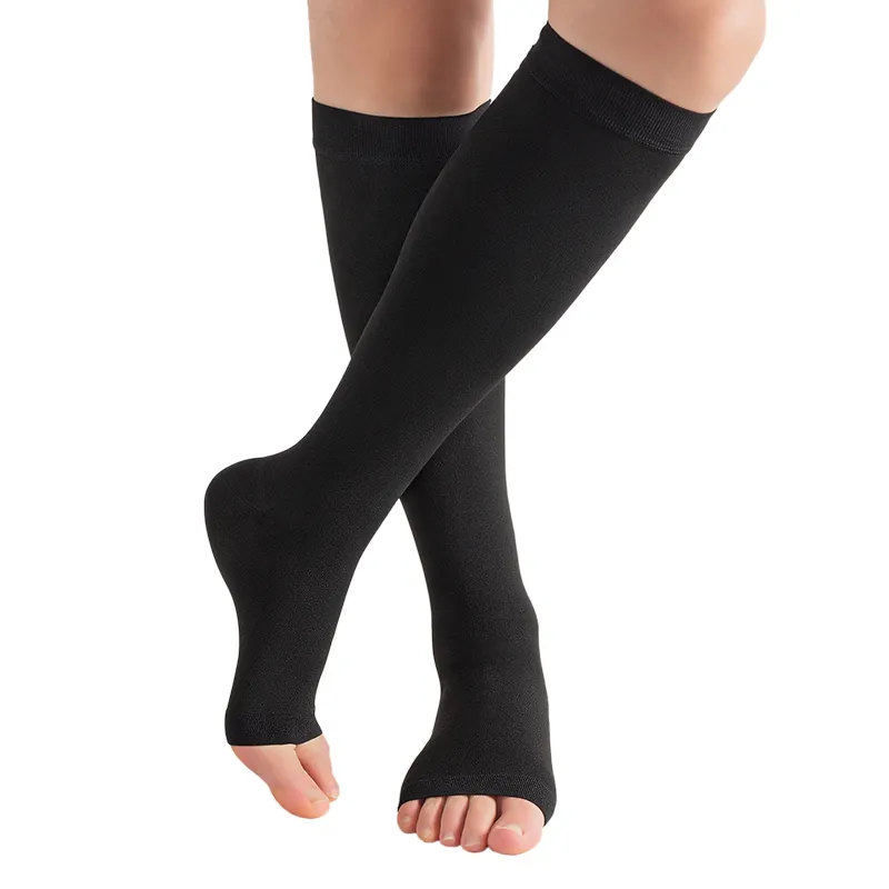 Prezzo di fabbrica S ~ 7XL calzini a maniche di polpaccio taglie Plus Size 20-30mmHg a punta aperta al ginocchio calze a compressione