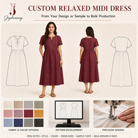 Pabrik Joydressing Gaun Midi Linen Wanita Kustom Bordir Tonal Polos Kasual Lengan Pendek Pinggang Berkerut Model Robe OEM ODM
