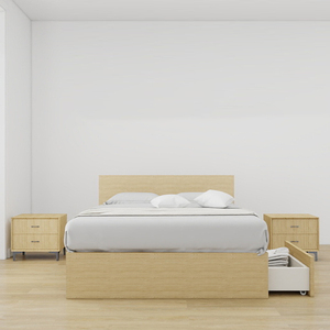 Modern <strong>Solid</strong> <strong>Wood</strong> Panel <strong>Bed</strong> Frame Large Size with 2 Storage <strong>Boxes</strong> Soft Style High <strong>Bed</strong> for Master Bedroom - Product Image 1