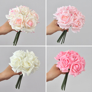 Artificial Silk Pink White Real Touch Floral Baby Breath Artificial 5 Head Rose Bouquet Real Touch Latex Roses Flowers - Product Image 2