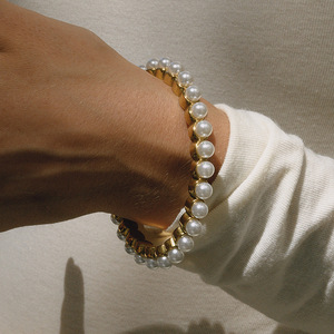 18K PVD vàng tấm thép không gỉ Vòng đeo tay hợp thời trang thanh lịch duyên dáng nhựa ngọc trai mở Cuff Bangle - Product Image 6