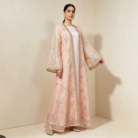 Abaya élégante en polyester à sequins et dentelle florale perlée à la main, ensemble deux pièces ouvert sur le devant avec bordure dorée, Kaftan musulman pour l'Aïd, le Ramadan et l'automne