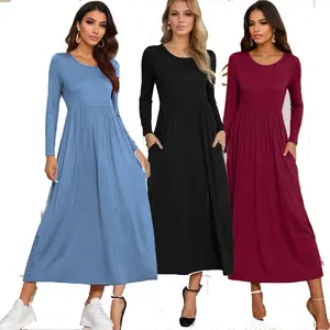 Clothing manufacturers customize European and American solid color dresses Middle Eastern Arab women's long sleeved dresses