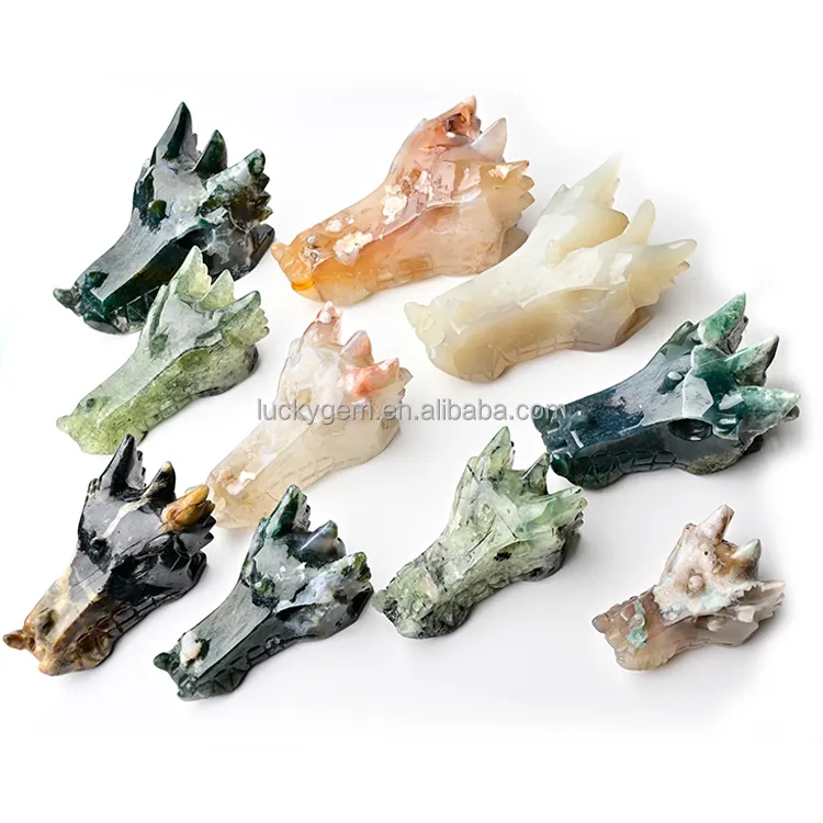 Natural Carved Agate Geode Dragon Head Skulls Crystal Crafts Druzy Agate Dragon For Fengshui