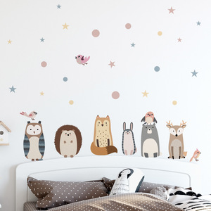 Autocollants muraux de dessin animé ours renard hérisson, mignon étoiles points décalcomanies créatives pour chambre d'enfant papier peint décoratif pour enfants - Product Image 4