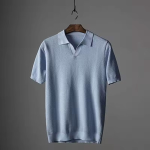 Nhà Máy Biểu Tượng Tùy Chỉnh OEM ODM Áo Len Dệt Kim Áo Sơ Mi Cotton Ngắn Tay Áo Mở V Cổ Dệt Kim T-Shirt Đan Polo Hàng Dệt Kim Cho Nam Giới - Product Image 5