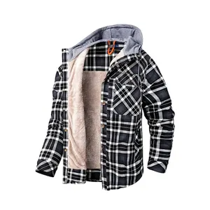 Men's Classic Plaid Long Sleeve Buttons Camping Warm Lining With Thick Cotton Hooded Shirt Jacket