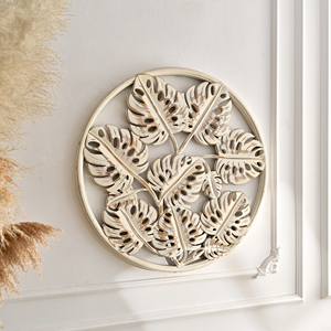 Décoration murale artisanale en bois rustique pour la maison, grand accent rond avec motif paysager, couleur blanche, lavable - Product Image 3