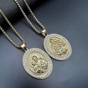 Yunnique – collier avec pendentif religieux en acier inoxydable, plaqué or, zircon, charme ovale Jésus et enfant, bijoux à la mode Hip Hop, cadeau - Product Image 1
