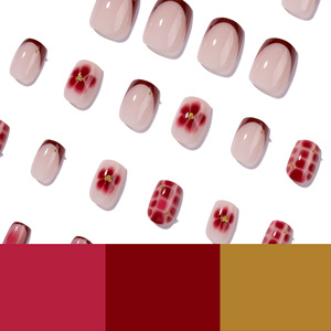 Uñas Postizas Cortas Cuadradas con Punta Francesa Roja, Diseño de Flor y Cocodrilo, Reutilizables, para Mujer - Product Image 5