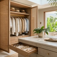 Dressing en rotin tressé de style côtier australien avec portes en verre transparent et îlot en pierre calcaire pour suite parentale