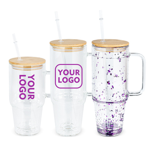 30oz 40oz a doppia parete di sublimazione bicchiere di vetro con manico a forma di bottiglia con coperchio in legno e paglia di vetro - Product Image 1