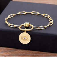 Bracelet en acier inoxydable doré à maillons trombone avec pendentif œil et pièce de monnaie, fermoir à bascule, bijoux pour femme, vente en gros, personnalisable OEM