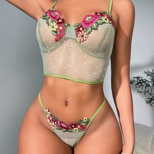 Lencería Erótica Colombiana Sexy al por Mayor, Color Verde Esmeralda, con Lunares, Bordado Floral, Conjunto de 2 Piezas - Product Image 2