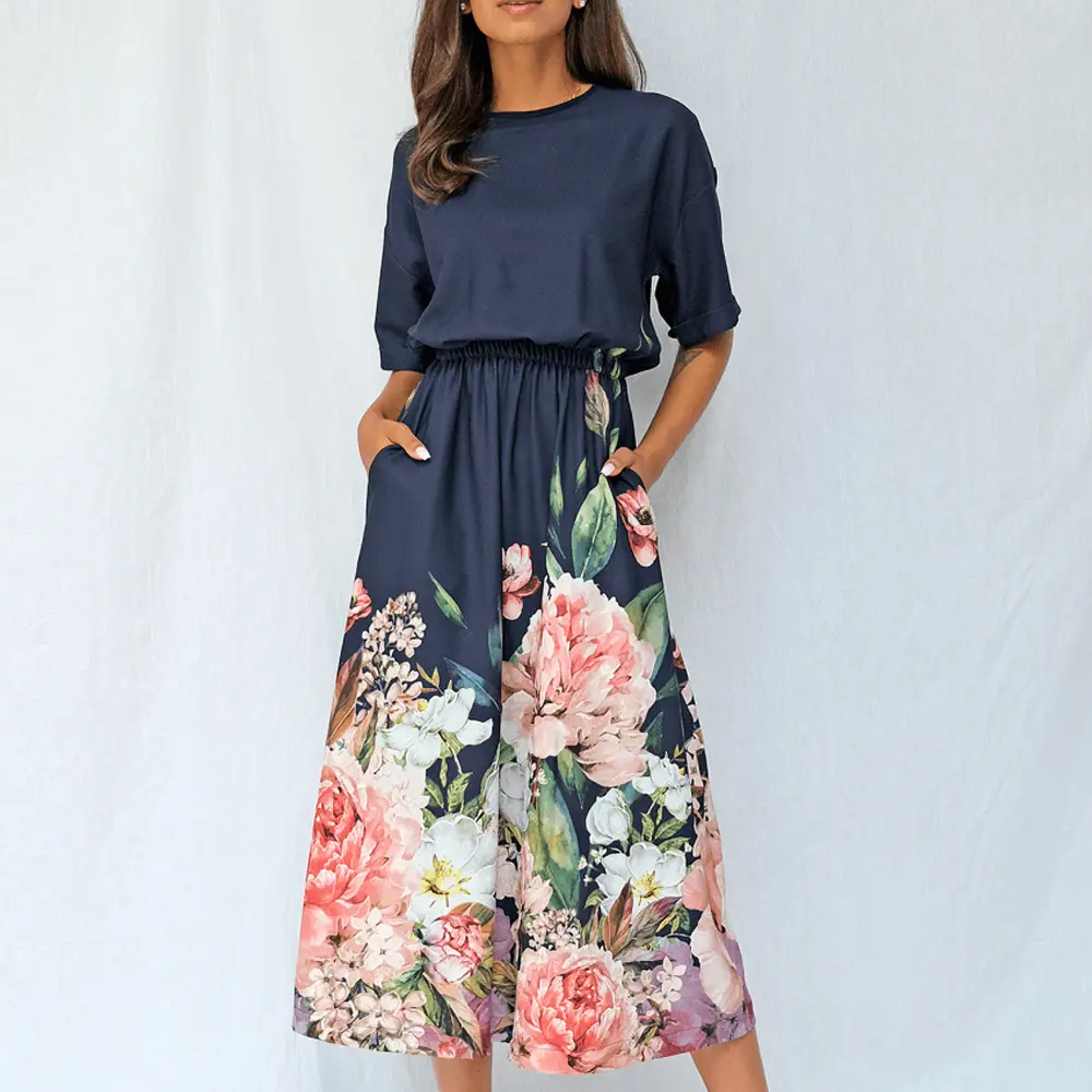 女性服夏のファッション半袖花柄ミディドレス