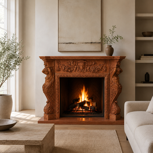 Cheminée traditionnelle en marbre avec sculptures ornées, en pierre rouge coucher de soleil, foyer intérieur à bois pour salle à manger - Product Image 6