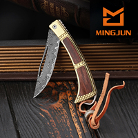Couteau de poche pliant en acier de Damas avec incrustations de laiton et manche en bois, couteau EDC tranchant pour fruits, outil portable de collection