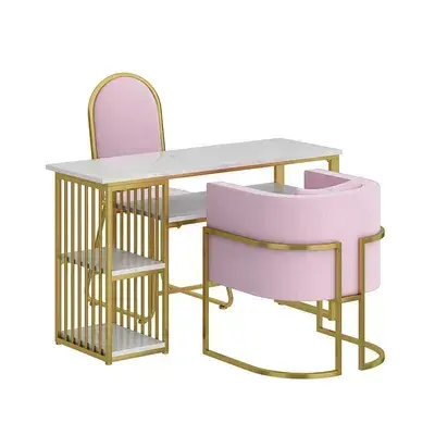 가벼운 럭셔리 도매 매니큐어 테이블 세트 대리석 스테인레스 스틸 황금 금속 네일 테이블 의자 네일 살롱 상점