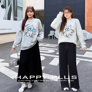 Sweat-shirt surdimensionné pour femme Happy Plus, doublé en polaire, avec imprimé chien, dessin animé, tissu en molleton, grande taille, vêtements d'hiver - Product Image 5