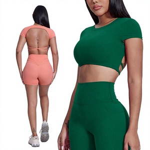 Leggings taille haute unis pour femmes, vêtements de sport respirants et à séchage rapide, ensemble 2 pièces sans couture avant, shorts de fitness pour femmes - Product Image 1