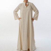Abaya fermée en lin naturel personnalisée avec poche, robe abaya musulmane de Dubaï en coton de couleur unie à manches longues