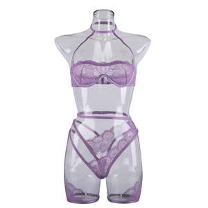 Ensemble de lingerie sexy pour femmes, dentelle brodée avec anneaux de jambe, lingerie amusante, ensemble trois pièces - Product Image 6