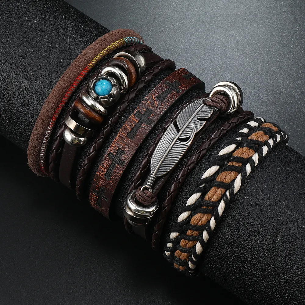 Stylish men's leather bracelet set with small turquoise feather accessories