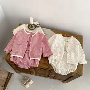 Engepapa Spring Cardigan infantil de 0-3 anos, macacão de cor sólida para bebês recém-nascidos, conjunto de roupas para meninas