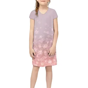 Pink Cherry Blossom Print Girls Midi Dress Summer V Neck Child Dresses Casual Fashion Kids T Shirt Skirt Short Sleeve Loose Dres