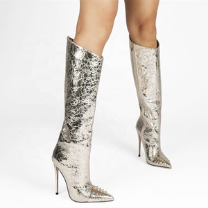 2021 Pointy Toe Women <b>Boots</b> Silver Calf High Patent Leather High-heeled Shoes Rivet Decor Knee High <b>Boots</b> Side Zipper - Product Image 3