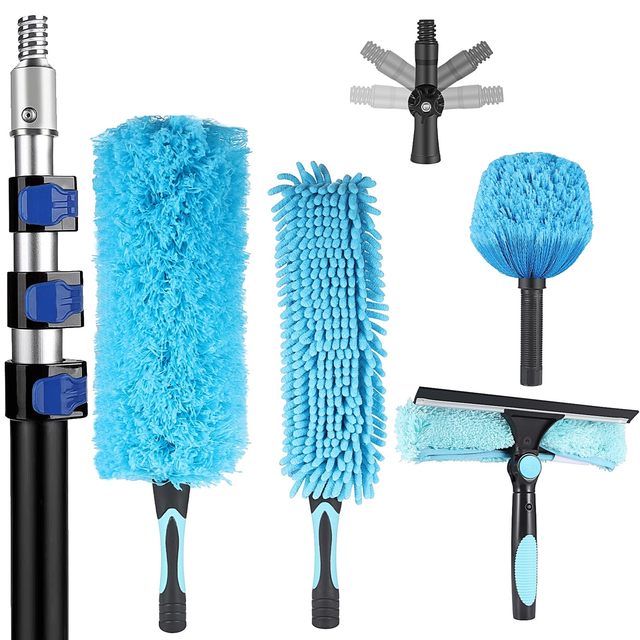 20 Foot High Reach Ceiling Duster Kit 3.6-12ft Extendable Pole Cobweb Fan Duster Window Squeegee Scrubber Cleaning