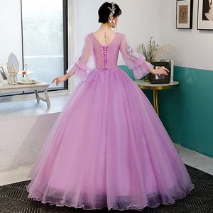 Purple Puff Sleeve Tutu Dress Long Skirt Stage Performance Women Adult Vocal Exam Host Annual Meeting Dress - Product Image 4