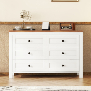 Modern Retro Farmhouse Style Wooden Dresser with <b>6</b> <b>Drawer</b>, Storage Cabinet for Bedroom Furniture in White + Brown - Product Image 2