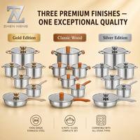 ZHEN NENG 12-teiliges Edelstahl-Topfset mit Goldgriffen, 3-lagigem Boden und Glasdeckel – minimalistisch, spülmaschinen- und ofenfest für die Heimküche