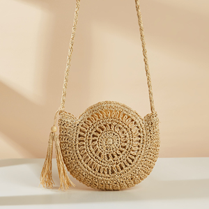 Sacs de plage décontractés ronds en paille pour femmes, couleur contrastée, sacs à bandoulière en corde de papier avec pompons, vente en gros - Product Image 5