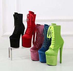 Scarpe Sexy da Palcoscenico Stivaletti in Velluto Scamosciato con Cerniera alla Caviglia Tacco Alto 20 cm Piattaforma Stivali da Pole Dance per Donne - Product Image 2